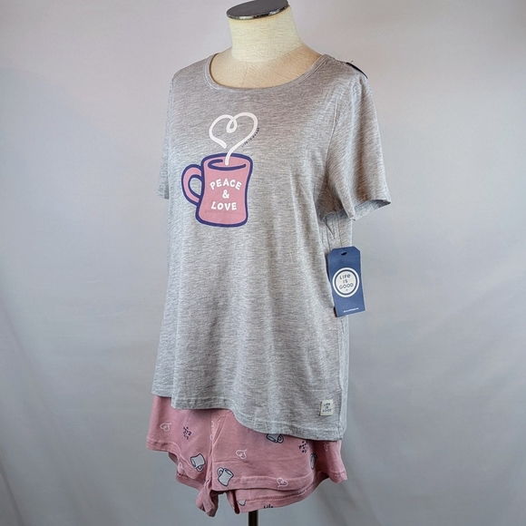 Life Is Good PJ Set Short Sleeve Top Shorts Peace & Love Coffee Grey Pink XL NWT - Picture 7 of 12